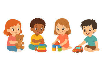 Four happy diverse children sitting and playing with colorful educational toys on the floor