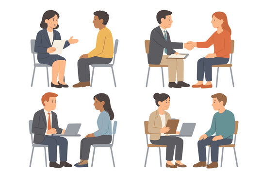 Diverse people sitting and talking in business meeting and interview scenes