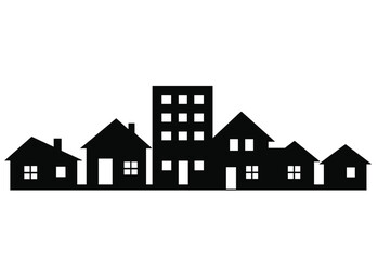 Black silhouette of a small town skyline featuring residential houses and a central apartment building