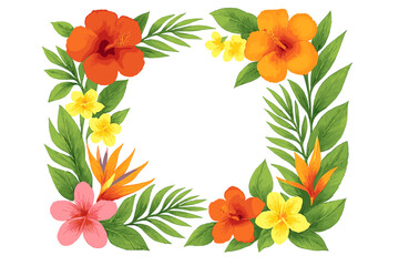 Vibrant tropical floral border arrangement with exotic hibiscus and green foliage