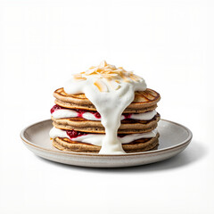 Stack of vegan pancakes layered with whipped coconut cream on plate  