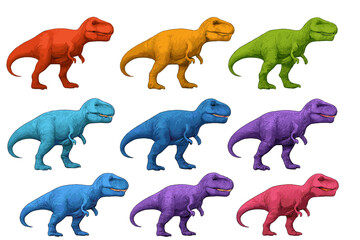 Seamless pattern of brightly colored Tyrannosaurus Rex dinosaurs on white background