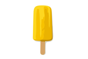 Bright yellow frozen fruit popsicle on wooden stick isolated on white background