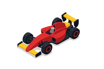 High-speed open-wheel formula racing car with red body and yellow aerodynamic wings in isometric view
