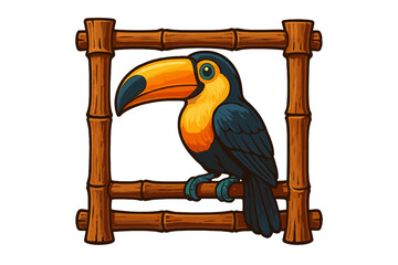 Naklejka premium Vibrant tropical toucan bird perched on a natural bamboo wood border frame