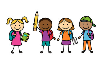 Diverse group of smiling elementary school children wearing backpacks and holding supplies