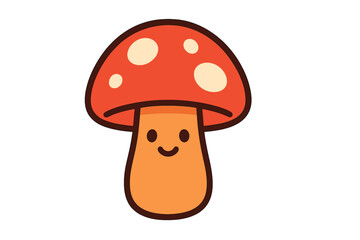 Cute cartoon mushroom character with a smiling face and spotted red cap on white