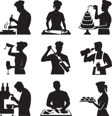Silhouettes of people cooking and serving food activities occupation concept vector