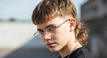 Teen with bold mullet haircut and glasses posing outdoors in sunlight  