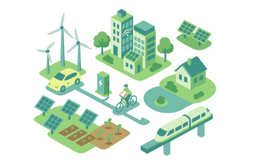 Isometric smart city with renewable energy and sustainable transportation