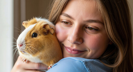 Teenager hugging a guinea pig with a joyful expression indoors  
