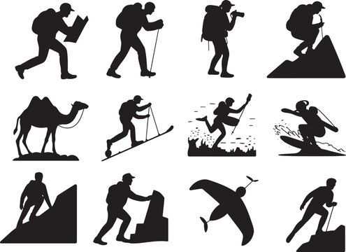 Silhouettes of outdoor activities hiking camping winter sport and adventure vector set