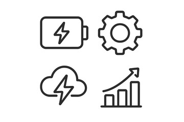 Technology and business outline icons: battery charging, settings, cloud storage, and growth chart