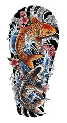Japanese Koi Fish Tattoo Design with Waves and Cherry Blossoms &ndash; Traditional Irezumi Style, Two Colorful Koi Swimming in Dynamic Water and Sakura Blossoms