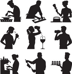 Silhouettes of people cooking drinking coffee for cafe restaurant food concept