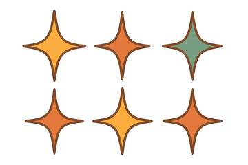 Six retro four-pointed star shapes in vintage colors with brown outlines