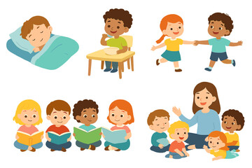Diverse kids engaged in various preschool daily routines such as napping, having a meal, playing, and reading books