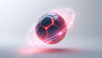 The futuristic soccer ball is encased in a glowing energy field.