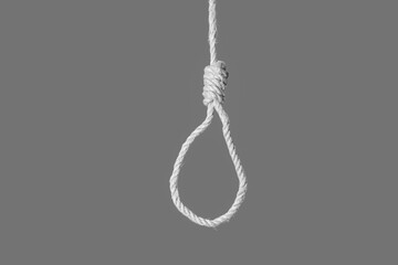 Hanging rope with loop on grey background. Suicide concept