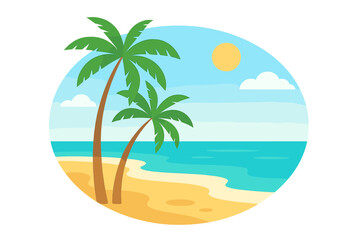 Tropical beach scene with palm trees and ocean waves in a circular frame