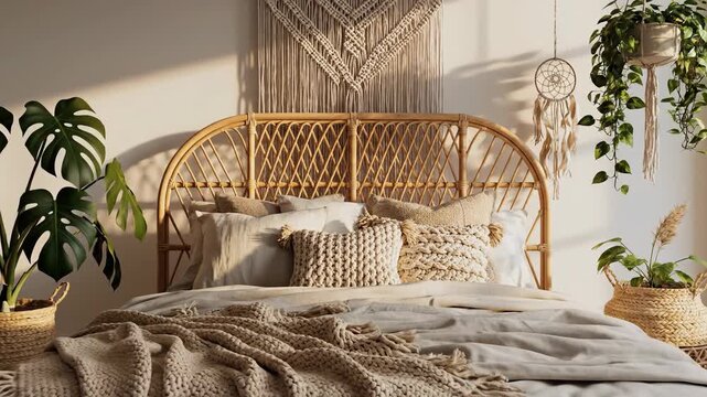 Cozy bedroom with rattan bedframe, macrame wall decor, and house plants in woven baskets, bathed in soft light