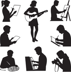 Silhouettes of people drawing writing playing guitar and working on a keyboard