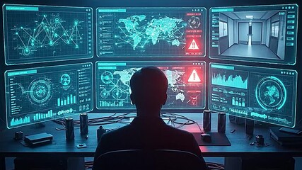 Cybersecurity Analyst Monitoring Global Threats on Multi-Screen Dashboard - Powered by Adobe