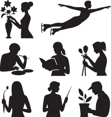 Silhouettes of people hobbies leisure activities such as reading art skating vector
