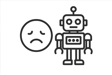 Simple line art robot character with a sad face emoji icon symbolizing system failure