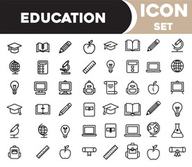 A set comprehensive set of precisely drawn linear icons representing fundamental elements of education.one line icon with with white background