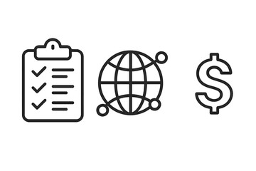 Business planning checklist, global network connection, and financial dollar sign icons