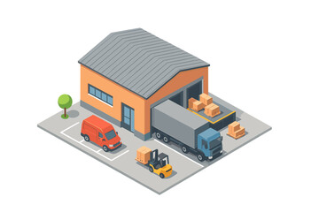 Isometric logistics warehouse with truck loading dock, delivery van, and forklift moving cargo