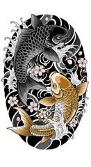 "Traditional Japanese Koi Fish Tattoo Design with Black and Gold Koi, Sakura Flowers, Dynamic Waves, and Elegant Irezumi Style Illustration for Art Prints and Tattoo Inspiration"