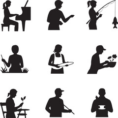 Silhouettes of people with hobbies and activities against transparent background