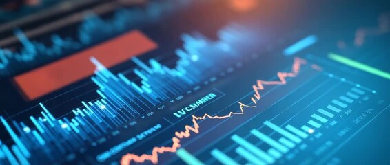 Dynamic financial graphs animate across a digital interface, with a slow panning camera capturing fluctuating data trends and flickering lights, creating a cinematic and futuristic business atmosphere - Powered by Adobe