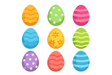 Nine vibrant Easter eggs decorated with stripes, dots, waves, and floral patterns