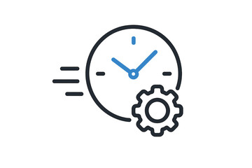 Clock face with gear and speed lines symbolizing quick time optimization and efficient settings