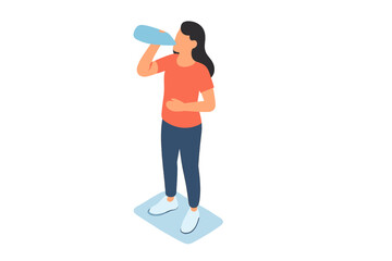 Young woman standing and drinking fresh water from a reusable plastic bottle for hydration and health
