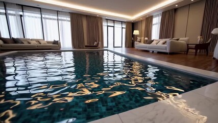 Modern luxury hotel room with swimming pool.