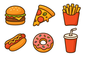 Collection of six popular fast food items: hamburger, pizza, french fries, hot dog, donut, and soda
