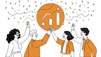 Diverse group of people joyfully celebrating around a large luminous key performance indicator graphic symbolizing success and achievement in business