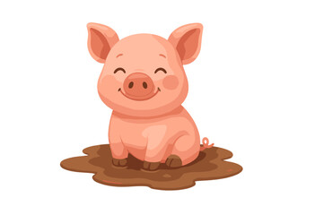 Adorable smiling pink piglet sitting happily in a brown mud puddle isolated on white background