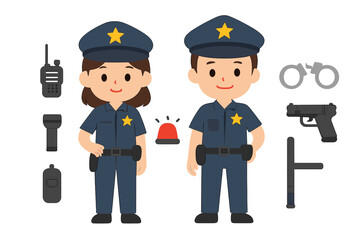 Smiling male and female police officers in uniform with law enforcement gear set