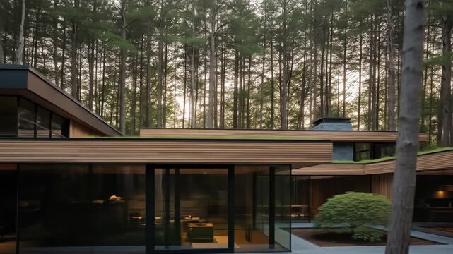 Modern Wooden House in Serene Pine Forest with Green Roof