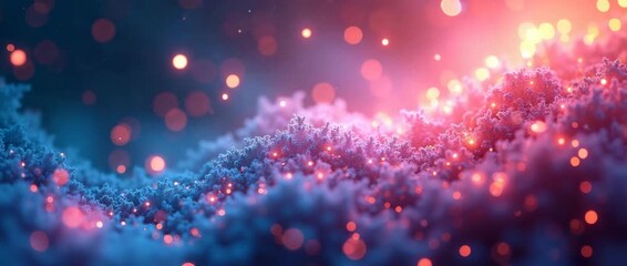 Magical winter landscape with sparkling snowflakes gently moving; slow camera pan reveals a dreamy, cinematic atmosphere with glowing bokeh lights, perfect for serene holiday themes.