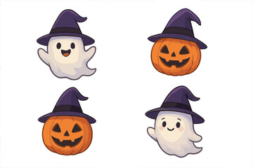Cute Halloween characters set featuring smiling ghosts and spooky jack-o'-lanterns wearing witch hats