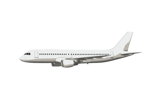 Generic white passenger jet aircraft isolated on a clean background, detailed side view, commercial transport