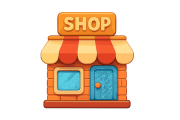 Brightly colored retail store building with striped awning and prominent shop sign