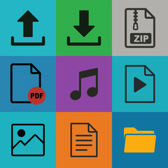 vibrant grid of file management icons including upload download pdf zip music video image document and folder symbols