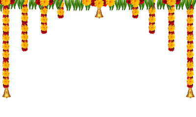 Indian festival thoranam of marigold flowers isolated on transparent background with lotus flower and mango leaf, hanging in entrance of house, reception, mall. © nijendran